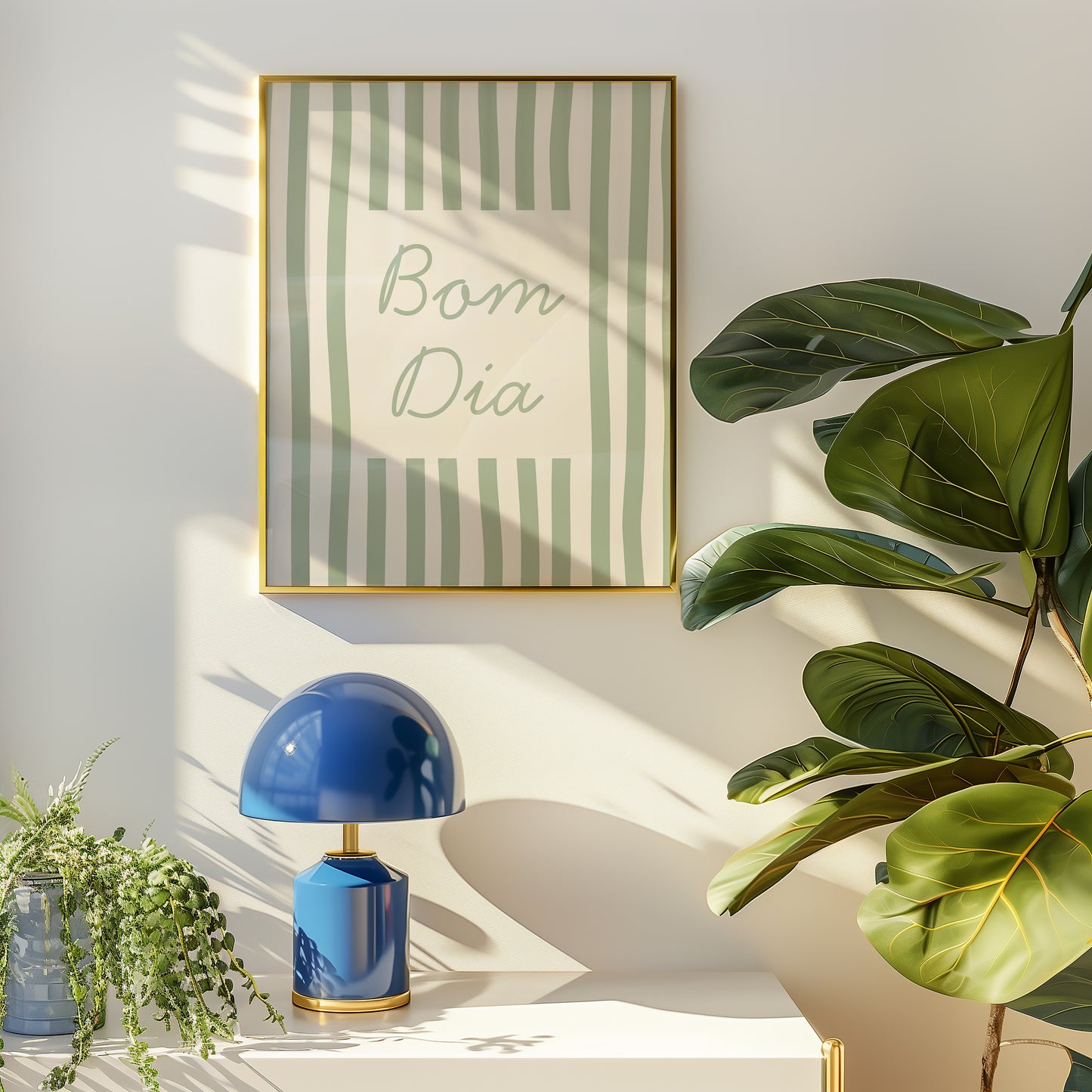 Bom Dia Sage Green Striped Art - Digital Print