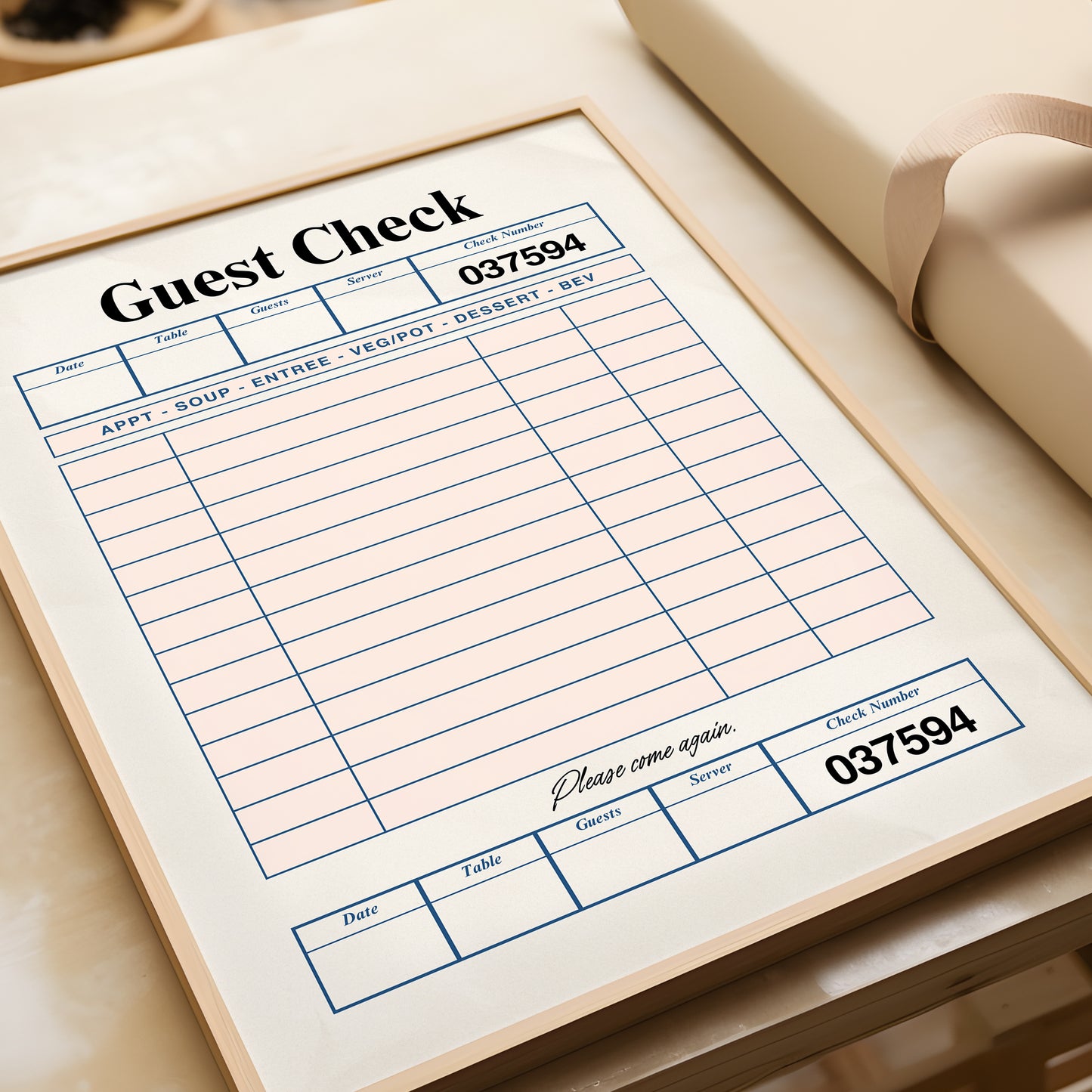 Black Retro Blank Guest Check - Digital Print