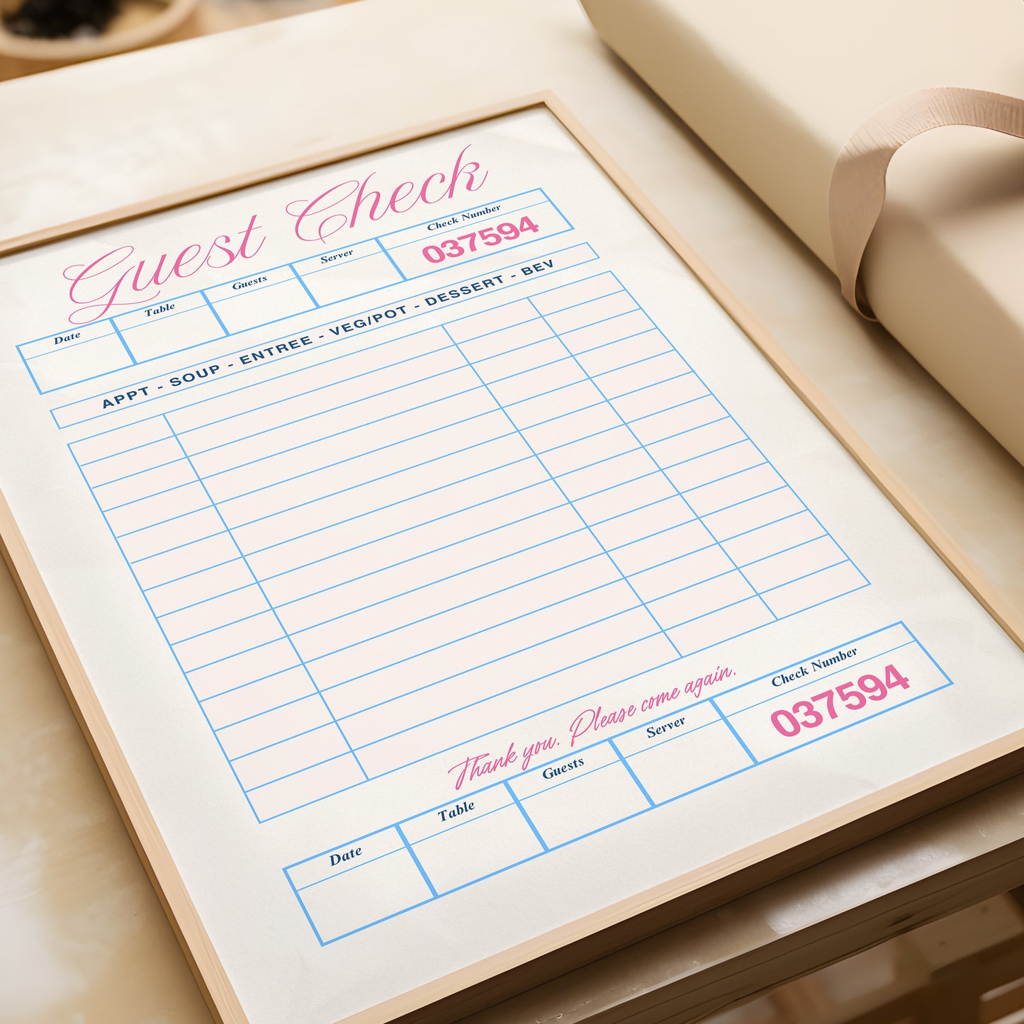 Pink Retro Blank Guest Check - Digital Print