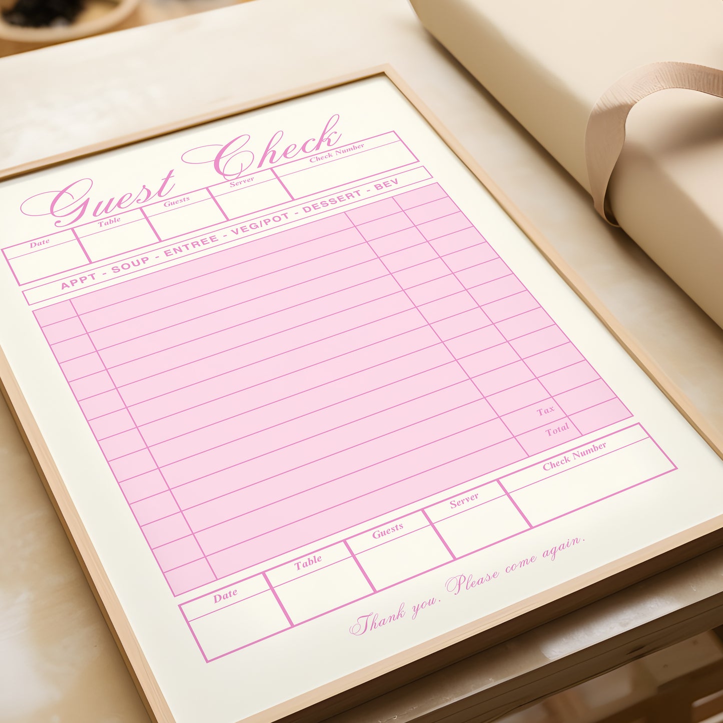 Retro Pink Blank Guest Check - Digital Print