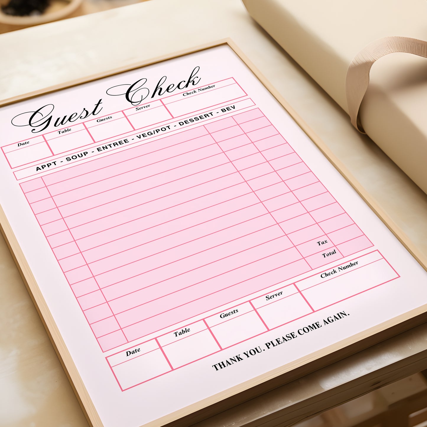 Retro Pink Blank Guest Check - Digital Print