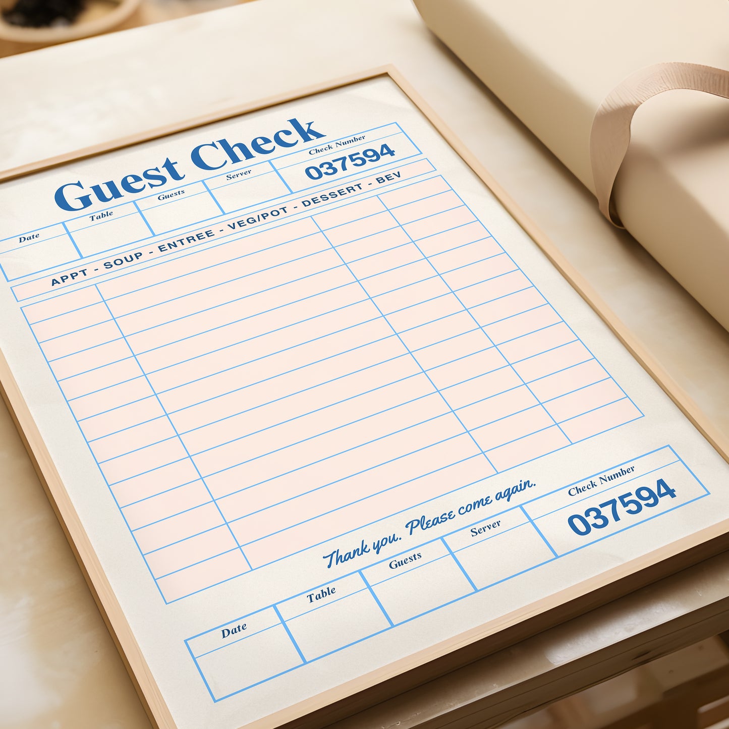 Retro Blue Blank Guest Check - Digital Print