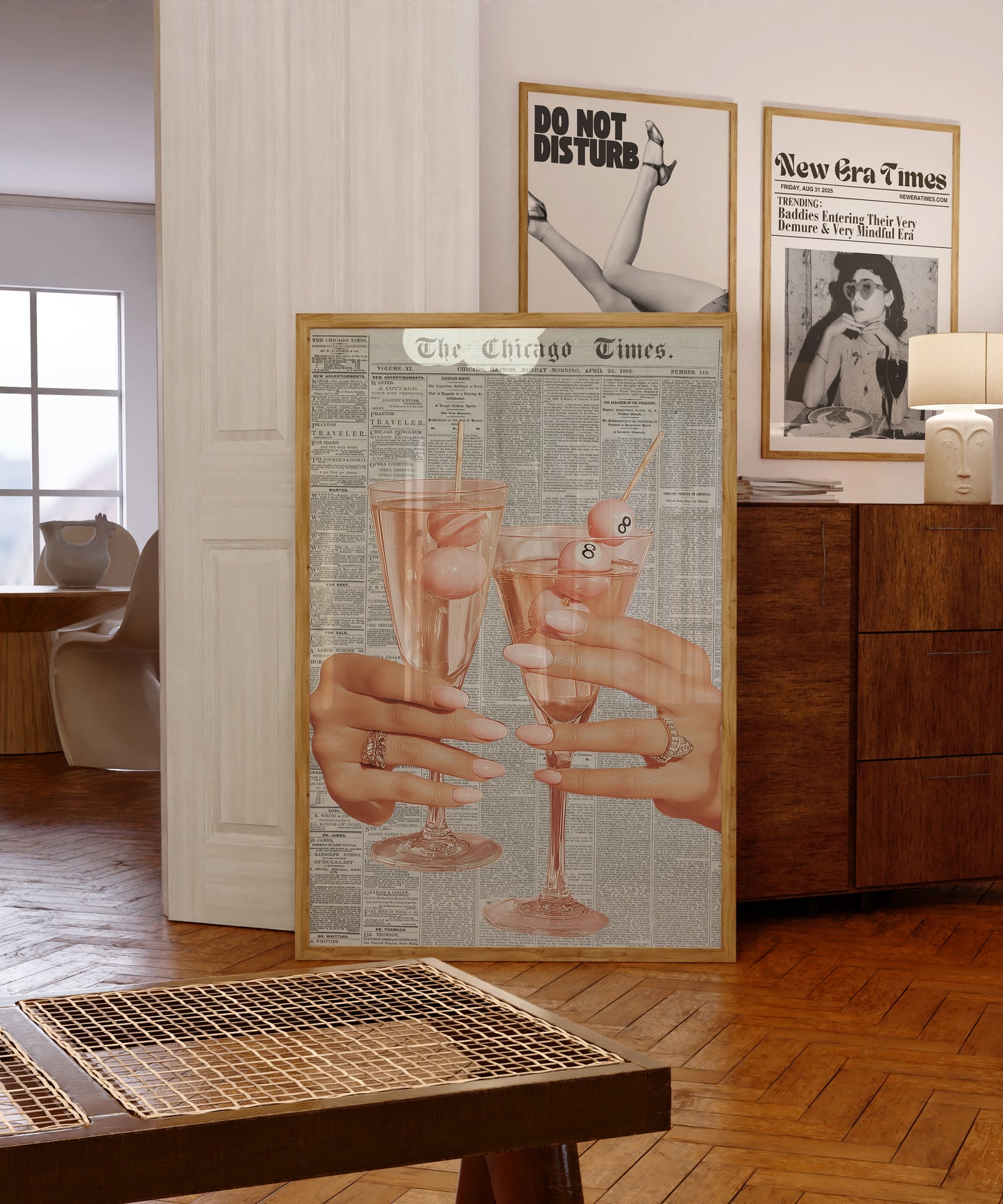 Pink Retro 8-Ball Champagne Glass Print - Digital Print
