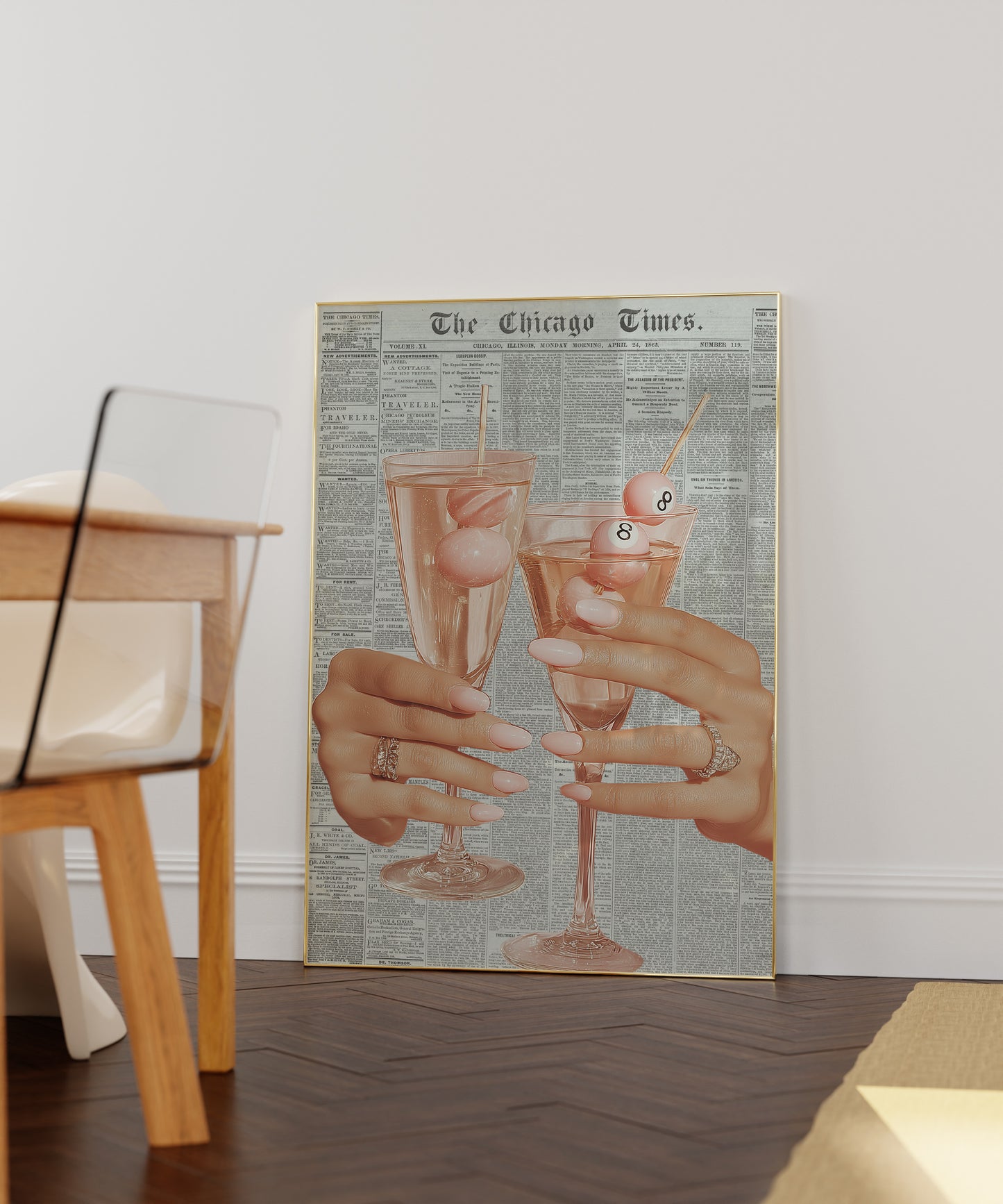 Pink Retro 8-Ball Champagne Glass Print - Digital Print