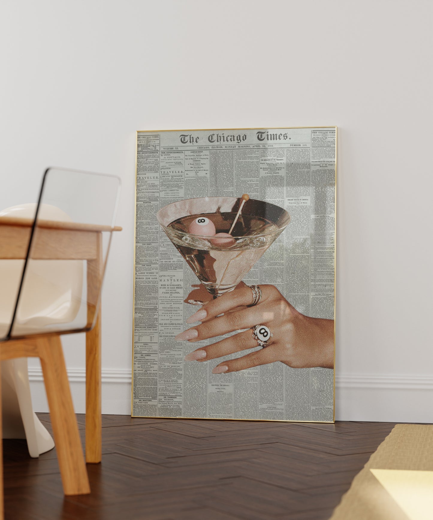 Pink Retro 8-Ball Martini Cocktail Print - Digital Print