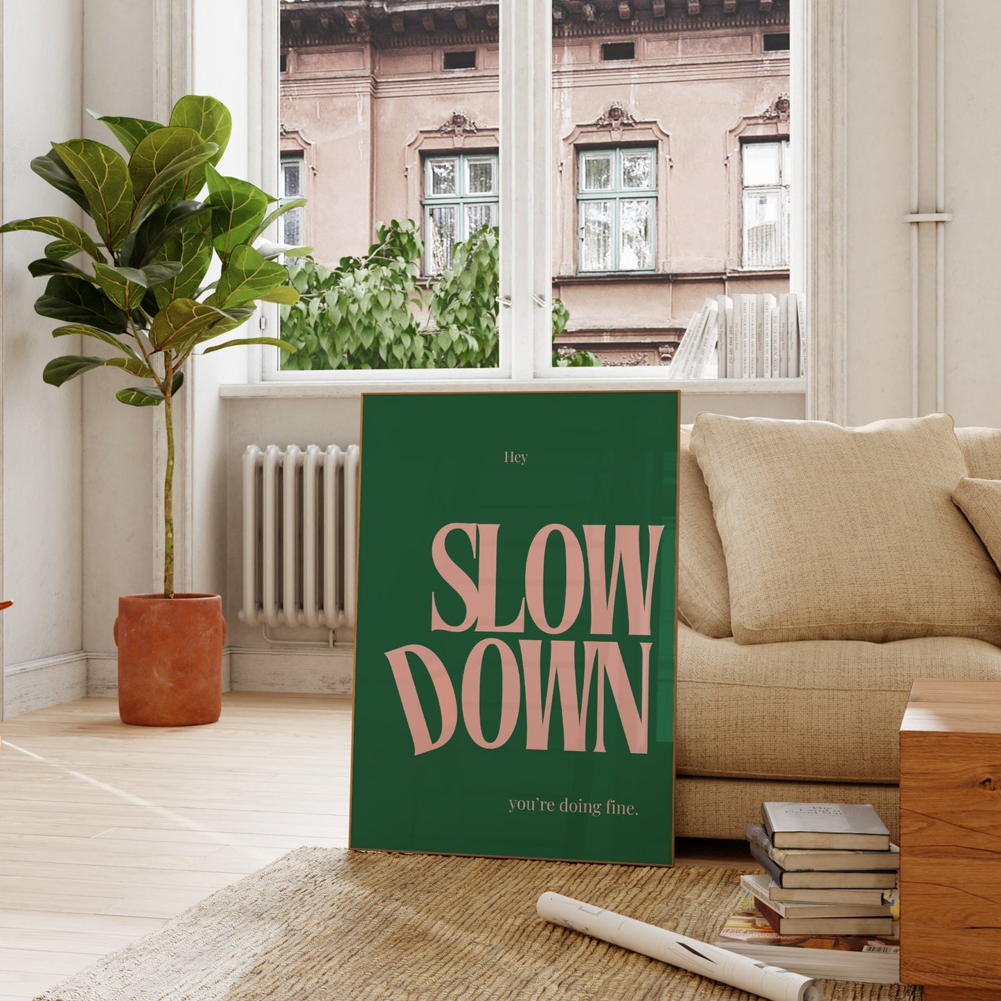 Slow Down, You Are Doing Fine Pink & Green Positivity Art - Digital Print