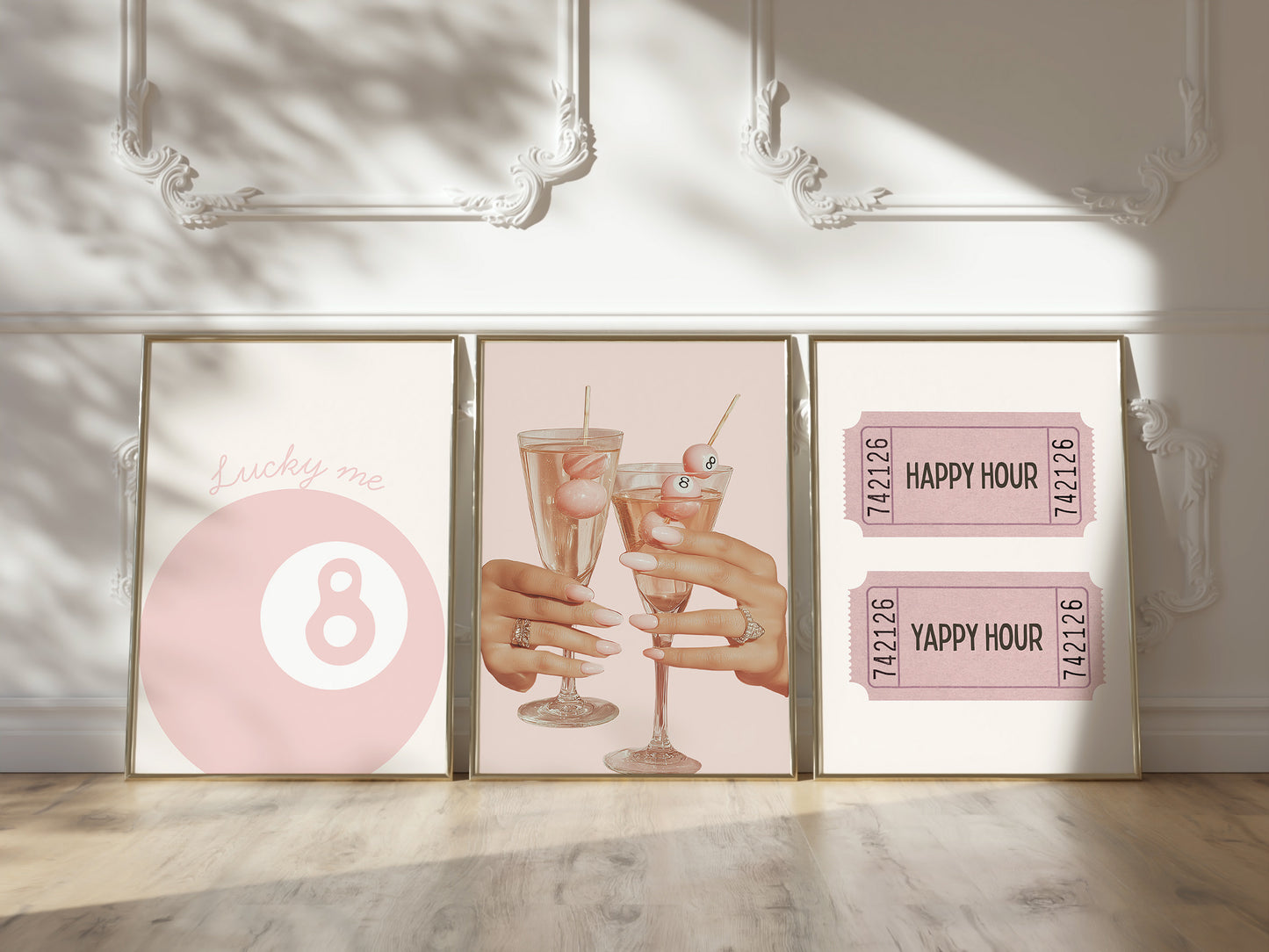 8-Ball Art Set of 3 Gallery Prints - Pink Stockholm Room Decor - Digital Print