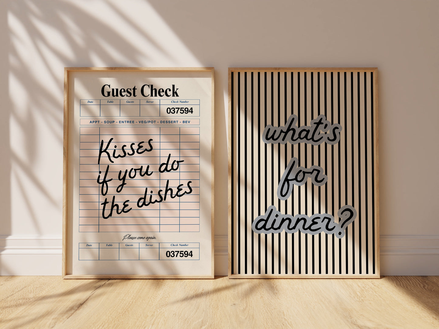 Set of two kitchen prints: "What's for dinner?" in bold striped typography, and "Kisses if you do the dishes" styled as a vintage guest check ticket