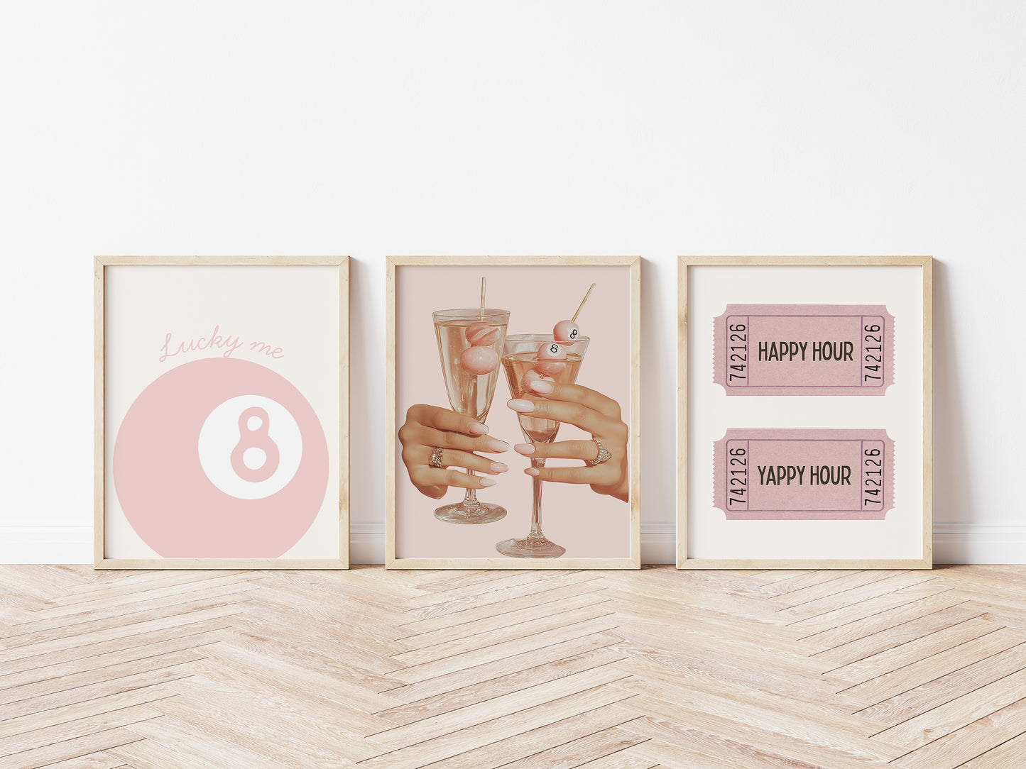 8-Ball Art Set of 3 Gallery Prints - Pink Stockholm Room Decor - Digital Print
