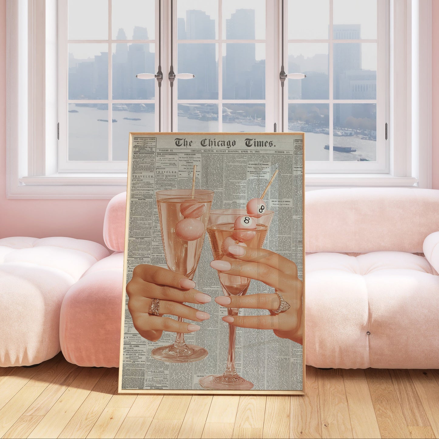 Pink Retro 8-Ball Champagne Glass Print - Digital Print