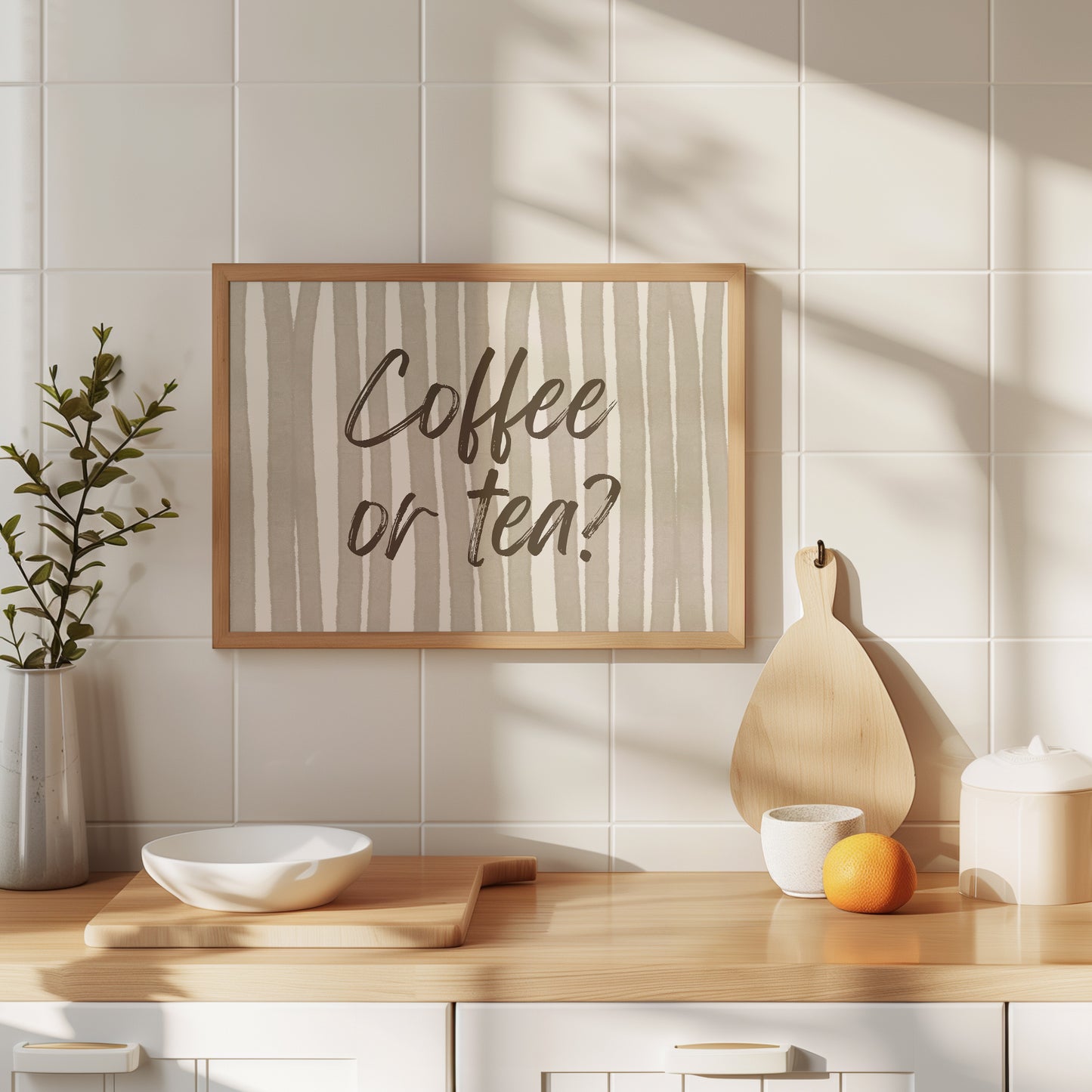 Horizontal print with hand-painted taupe and cream vertical stripes and the question "Coffee or tea?" in brown brush-lettered script across the center.
