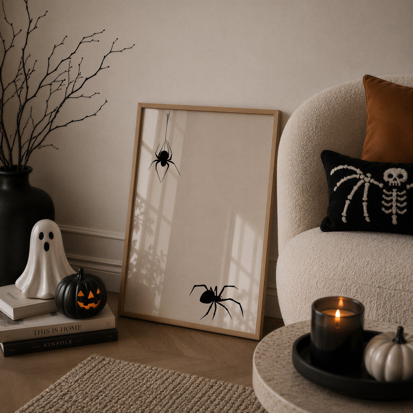 Set of 3 Halloween prints: a black background print with cartoon ghosts reading "We're so happy you're here," a checkered "Spooky Season" print, and a minimalist black spider illustration on a cream background.
