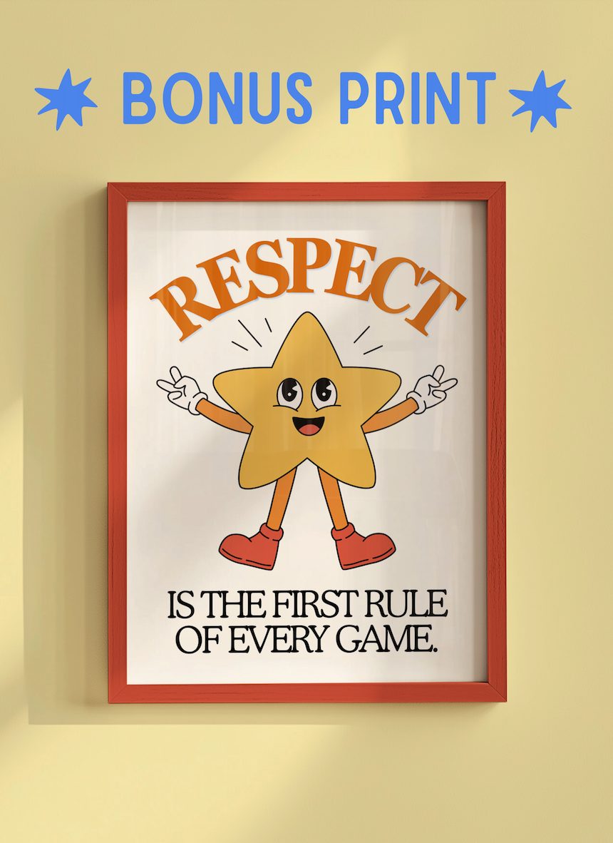 Bonus retro sports print included with the set of 10 P.E. posters, featuring a smiling cartoon character in the same vintage cream, green, and blue palette.