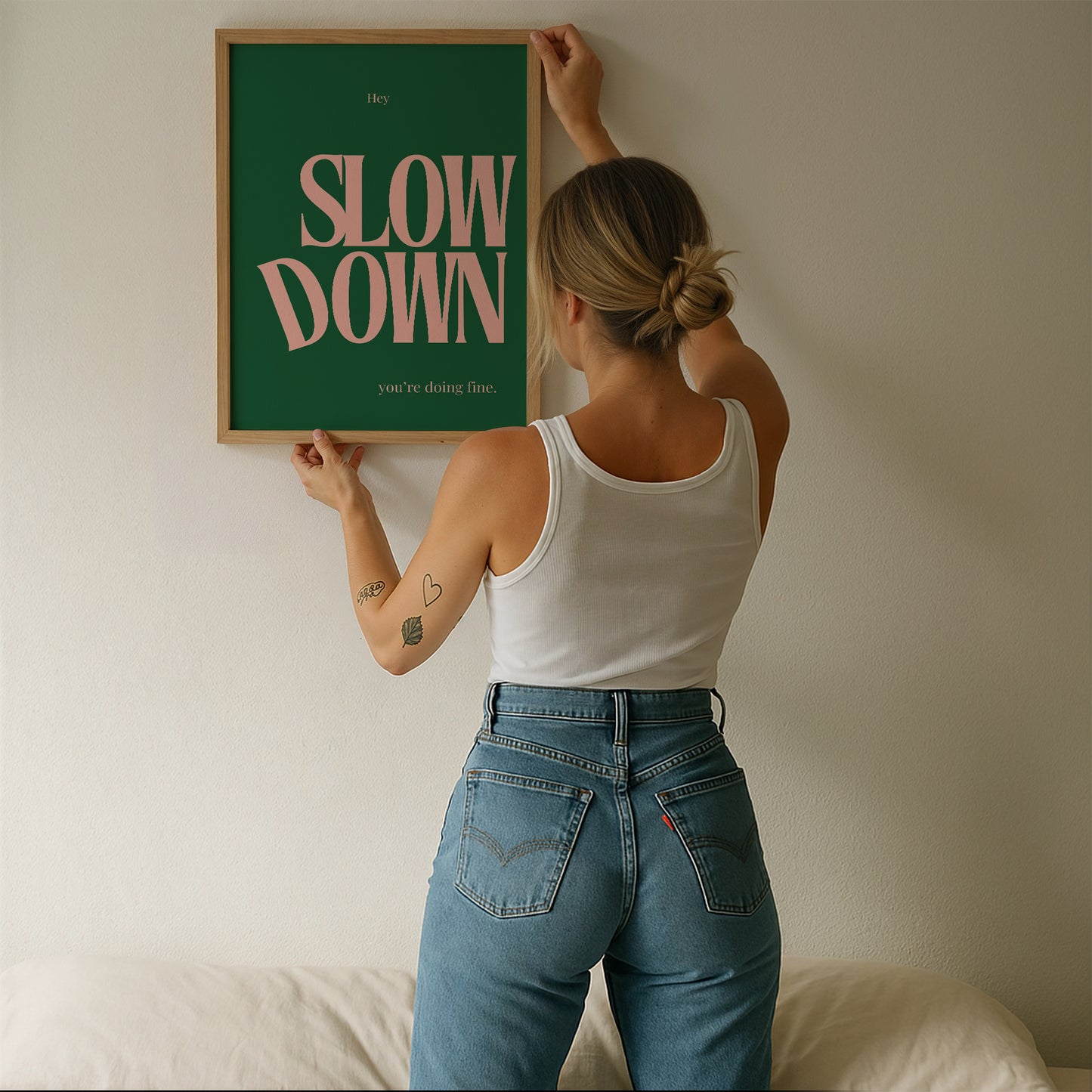Slow Down, You Are Doing Fine Pink & Green Positivity Art - Digital Print