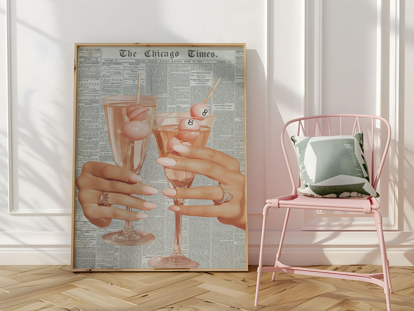 Pink Retro 8-Ball Champagne Glass Print - Digital Print