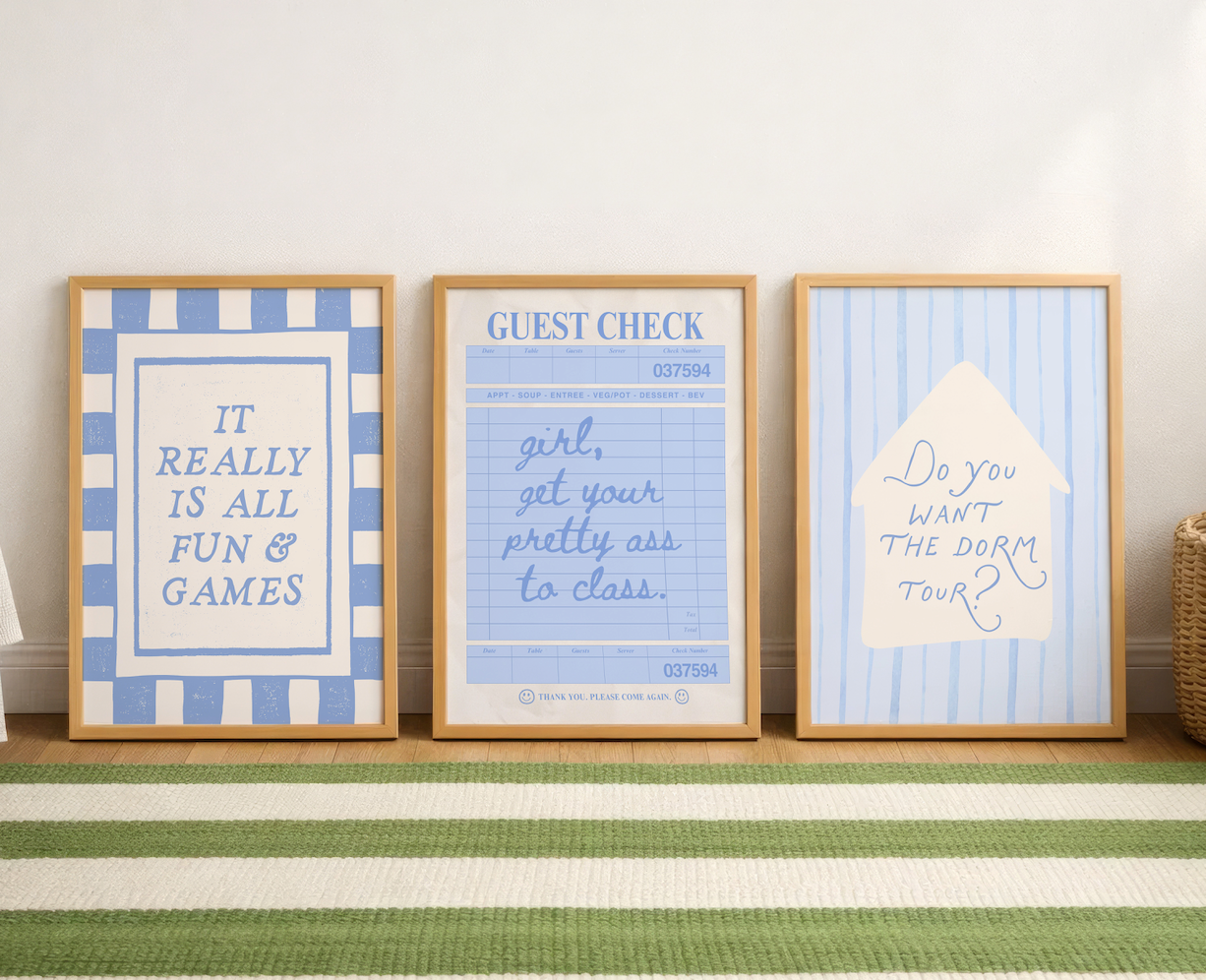 Blue Dorm Art Set of 3 - Trendy Gallery Wall Prints - Digital Print
