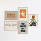 Set of five Halloween prints featuring a ghost postage stamp, bold newspaper-style lettering, a spooky season banner, a trick-or-treat ticket, and a jack-o'-lantern skeleton