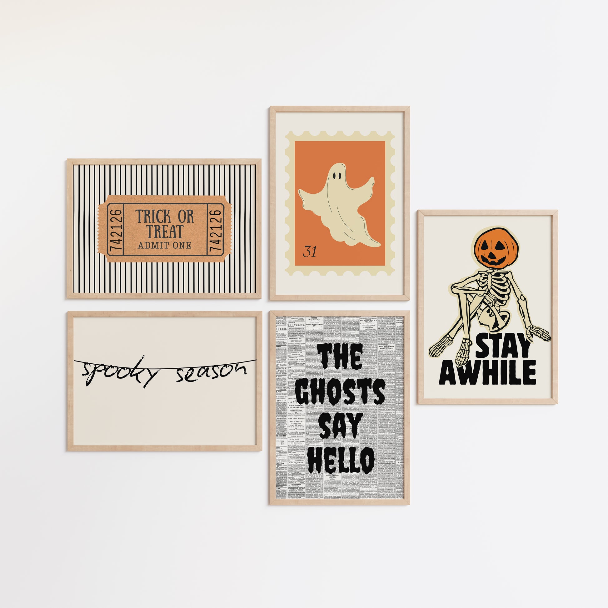 Set of five Halloween prints featuring a ghost postage stamp, bold newspaper-style lettering, a spooky season banner, a trick-or-treat ticket, and a jack-o'-lantern skeleton