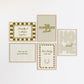 Set of five olive and cream prints including a checkered 'Actually it is all fun & games' print, a horseshoe 'How lucky are we' print, 'The Homebody Club', a striped 'good old days' print, and bubble-letter 'Home sweet'