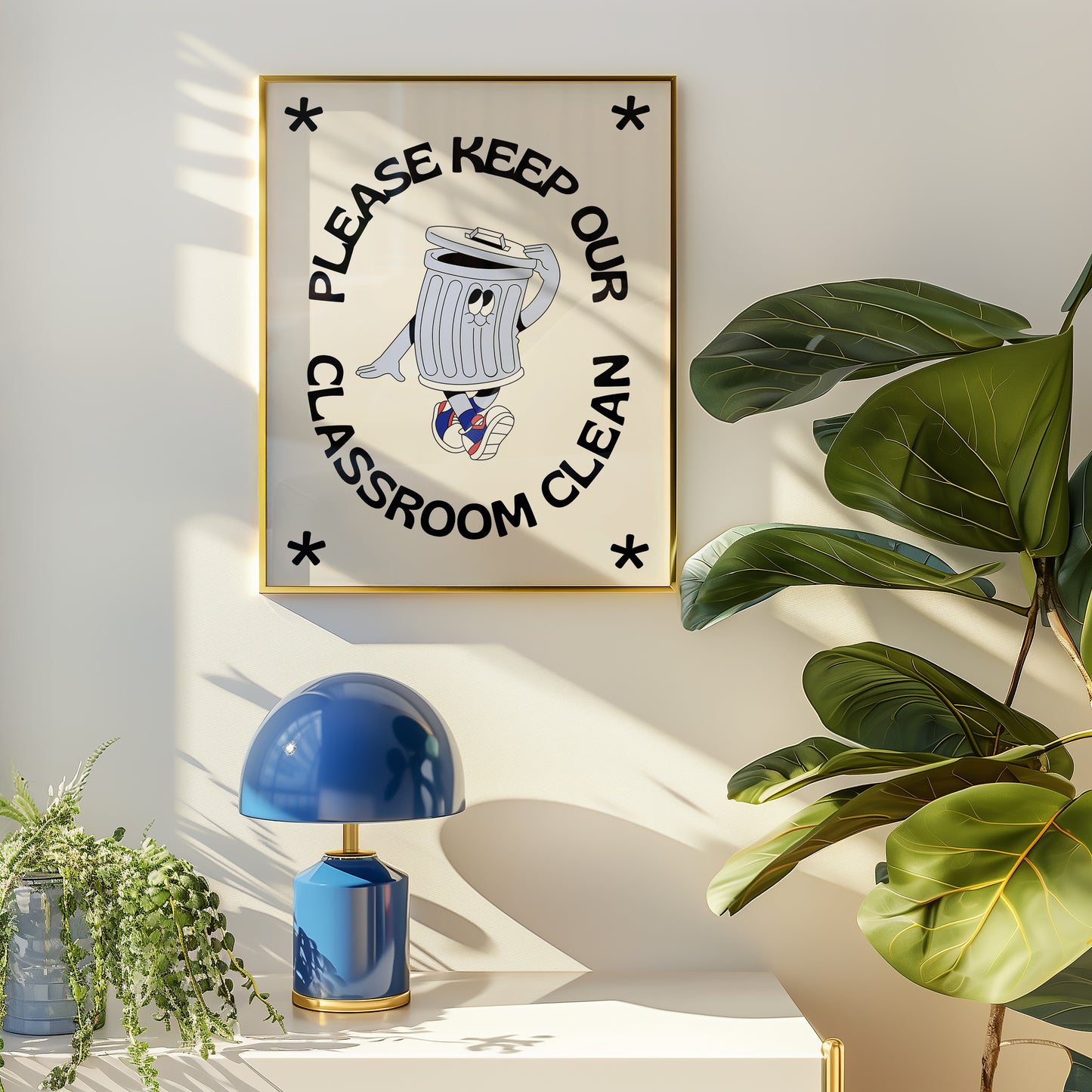 Vertical cream wall print with bold arched black typography reading Please Keep Our Classroom Clean surrounding a retro cartoon trash can character wearing sneakers with asterisk corner details