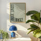Vertical wall print with soft sage green wavy vertical stripes and bold dark green chunky typography reading LOVE YOU vertically on the left and BYE! horizontally at the bottom right