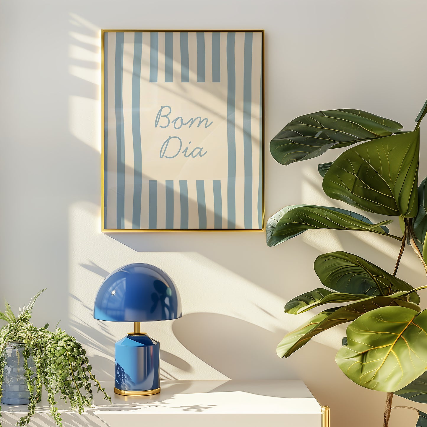 Bom Dia Blue Striped Art - Digital Print