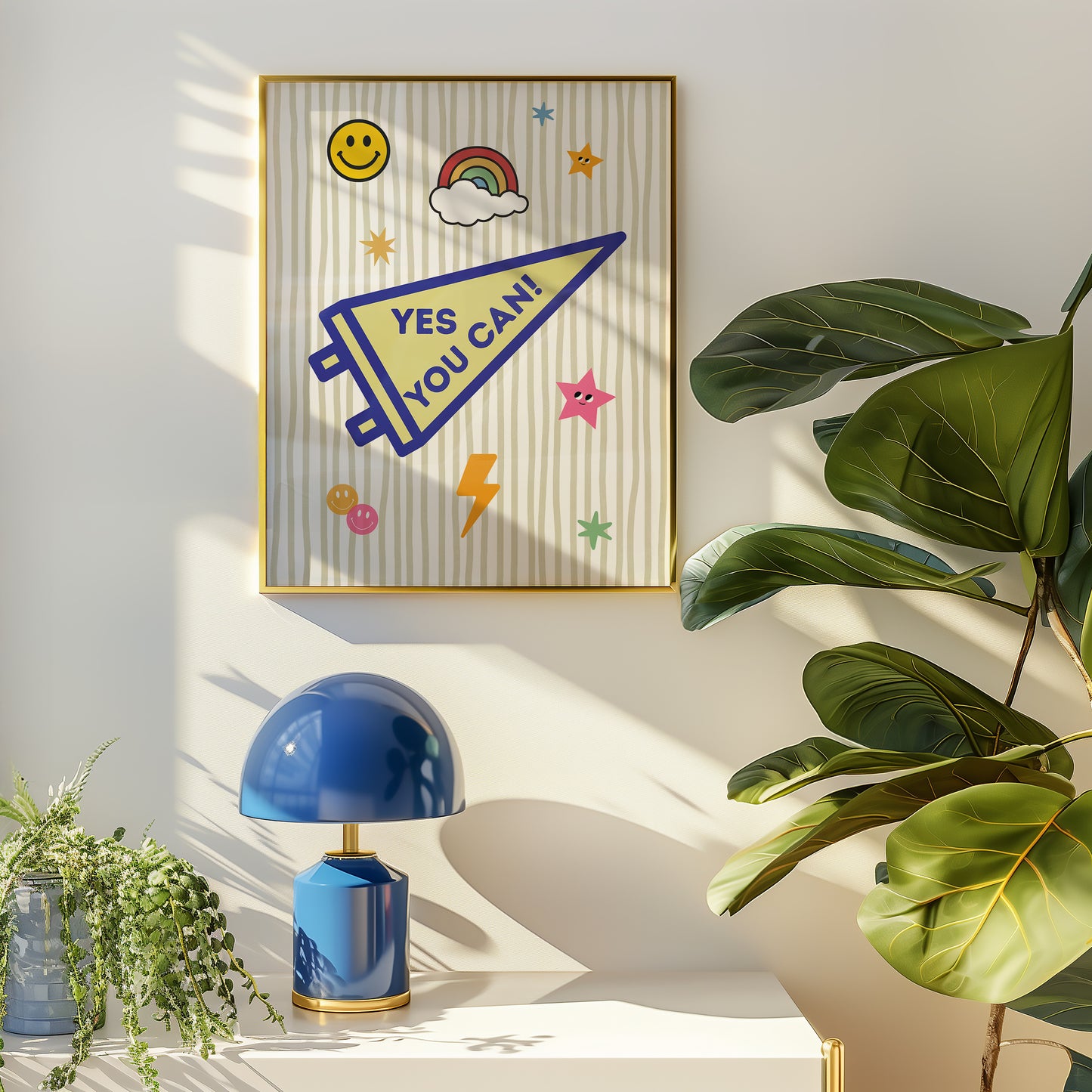 Yes You Can varsity pennant art print leaning on floor by dining chair — bold motivational classroom dorm decor