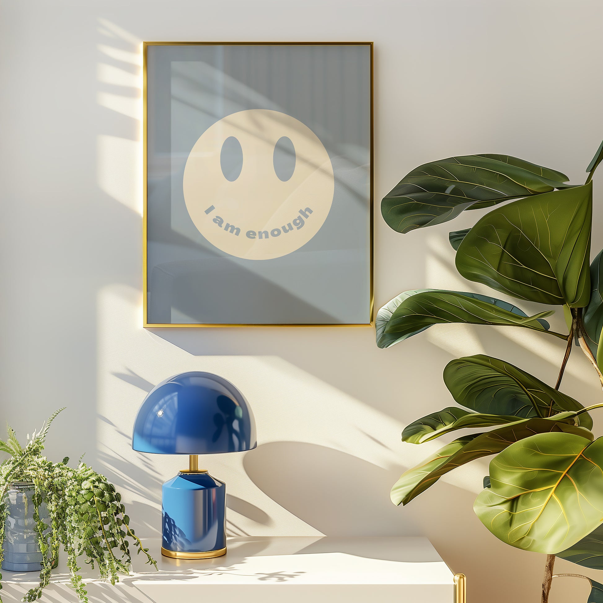 Set of 10 calm corner prints in tan and blue: "Take Your Time," "I am enough" on a smiley face, "Breathe" beside a meditating duck illustration, a "Daily Check-in, All Feelings Welcome!" chart with cartoon stars and clouds, "Slow Down, You're Doing Fine!", "You are enough," "Be Kind To Your Mind" on a checkered background, "This is a Safe Space" on a house shape, "The way you speak to yourself matters" beside a heart illustration, and "It's OK to Not Be OK."