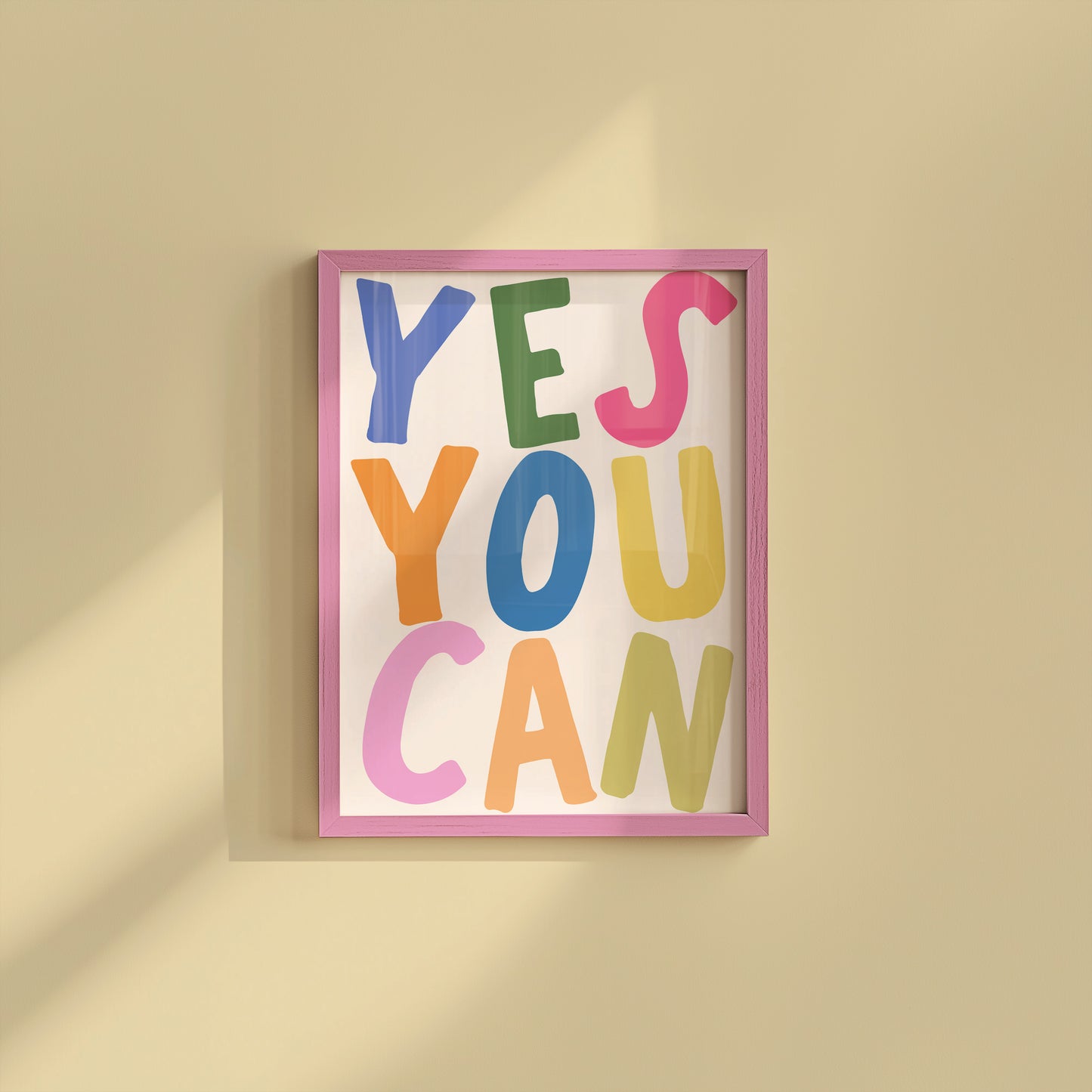 Vertical print with the words "YES YOU CAN" in large multicolored bubble letters — blue, green, pink, orange, yellow, and olive — on a white background.