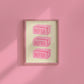 Vertical sage green wall print featuring three stacked illustrated pink butter blocks each labelled BUTTER in bold pink handwritten font