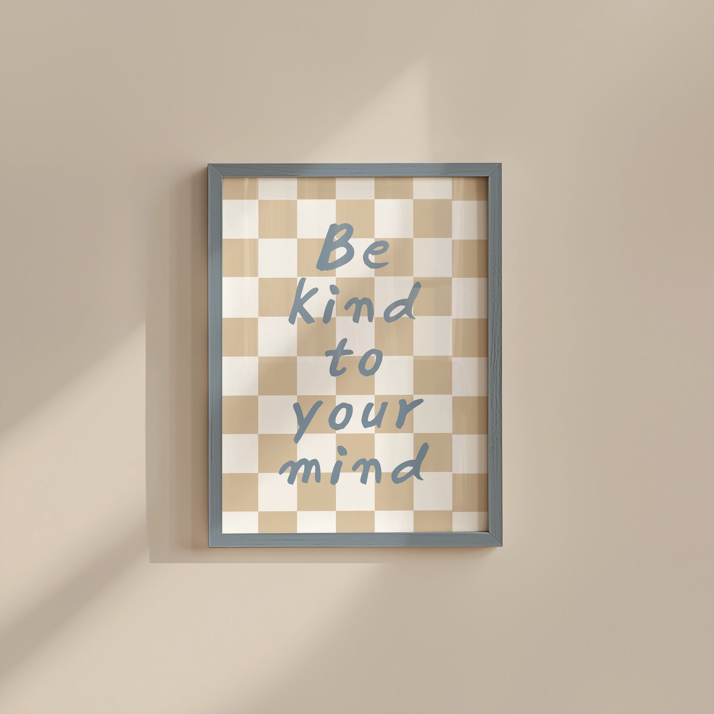 Set of 10 calm corner prints in tan and blue: "Take Your Time," "I am enough" on a smiley face, "Breathe" beside a meditating duck illustration, a "Daily Check-in, All Feelings Welcome!" chart with cartoon stars and clouds, "Slow Down, You're Doing Fine!", "You are enough," "Be Kind To Your Mind" on a checkered background, "This is a Safe Space" on a house shape, "The way you speak to yourself matters" beside a heart illustration, and "It's OK to Not Be OK."