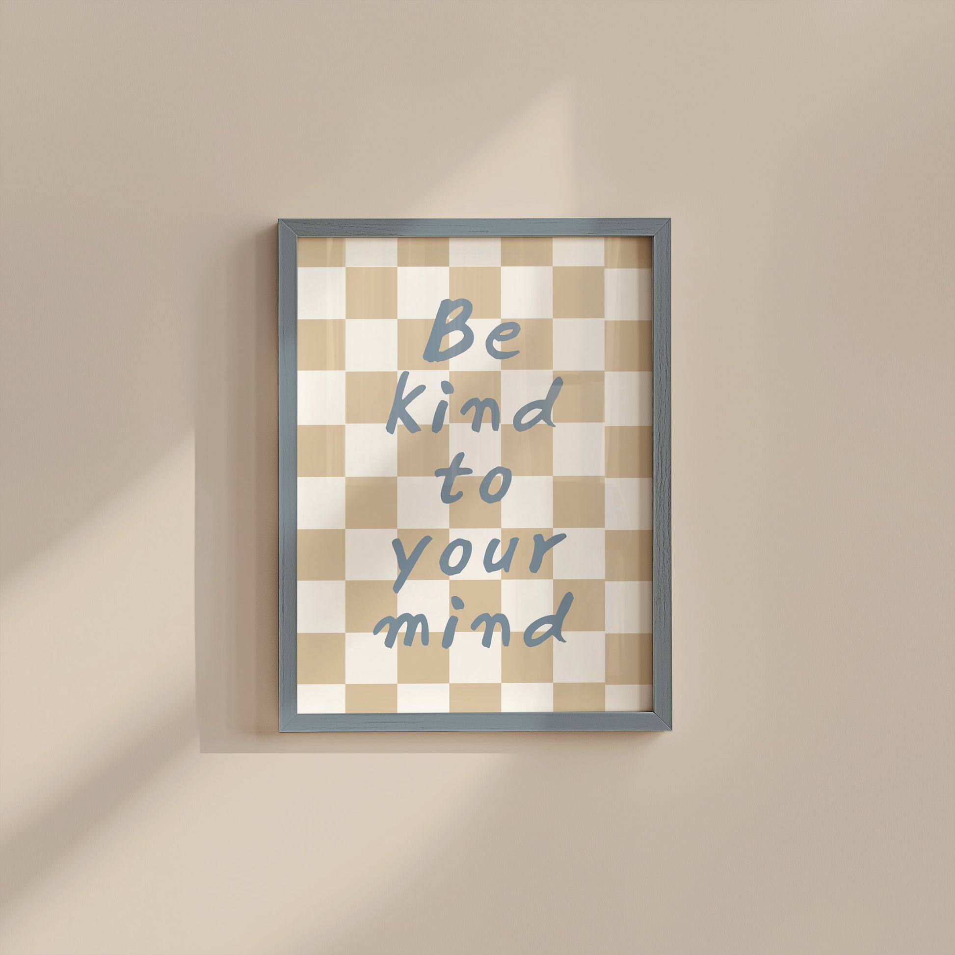 Set of 10 calm corner prints in tan and blue: "Take Your Time," "I am enough" on a smiley face, "Breathe" beside a meditating duck illustration, a "Daily Check-in, All Feelings Welcome!" chart with cartoon stars and clouds, "Slow Down, You're Doing Fine!", "You are enough," "Be Kind To Your Mind" on a checkered background, "This is a Safe Space" on a house shape, "The way you speak to yourself matters" beside a heart illustration, and "It's OK to Not Be OK."