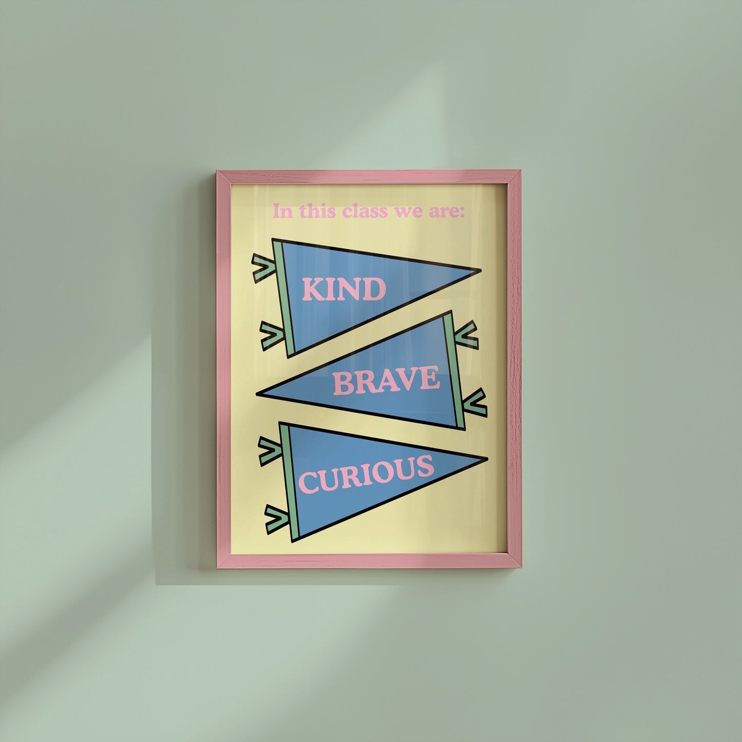 Set of 10 pastel classroom prints in a retro style, including blue pennant flags reading kind, brave, curious, a daily feelings check-in chart with smiling star, cloud, and sun characters, a puzzle piece print reading "There's a place for everyone," and colourful typography posters with quotes like "Wrong answers welcome," "Yes you can," and "It's a good day to try again."