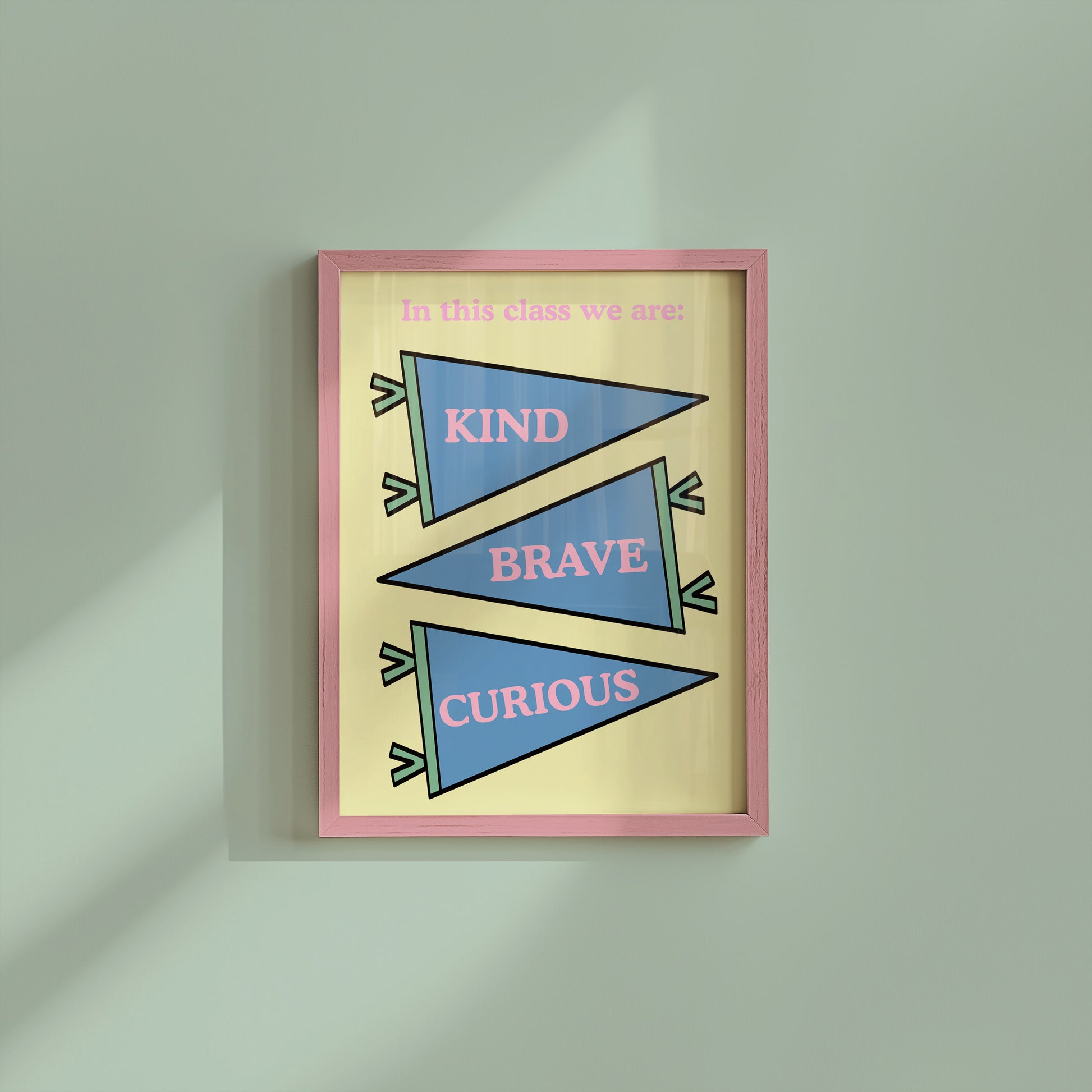 Set of 10 pastel classroom prints in a retro style, including blue pennant flags reading kind, brave, curious, a daily feelings check-in chart with smiling star, cloud, and sun characters, a puzzle piece print reading "There's a place for everyone," and colourful typography posters with quotes like "Wrong answers welcome," "Yes you can," and "It's a good day to try again."