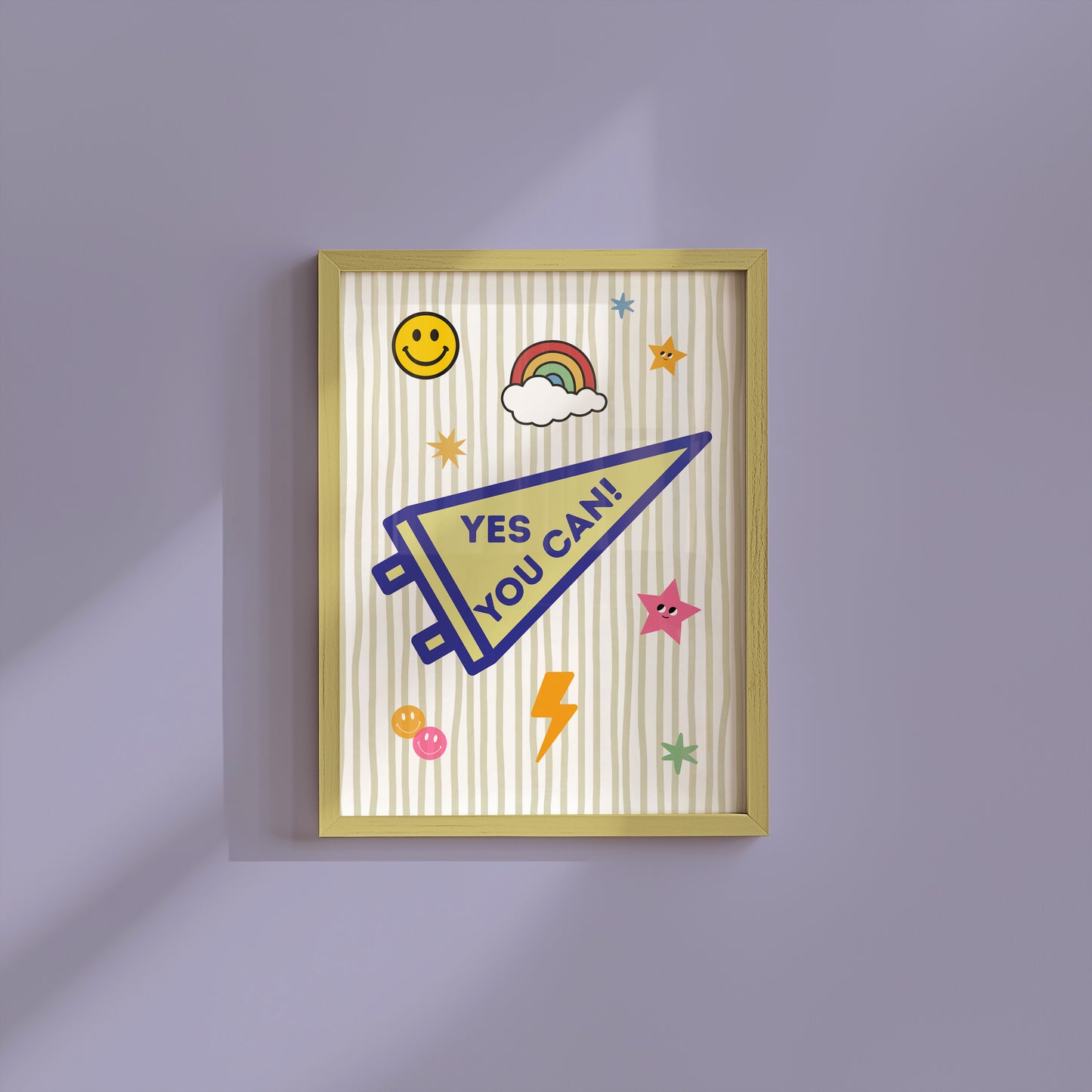 Yes You Can varsity pennant art print in gold frame — bold motivational dorm room wall decor instant download