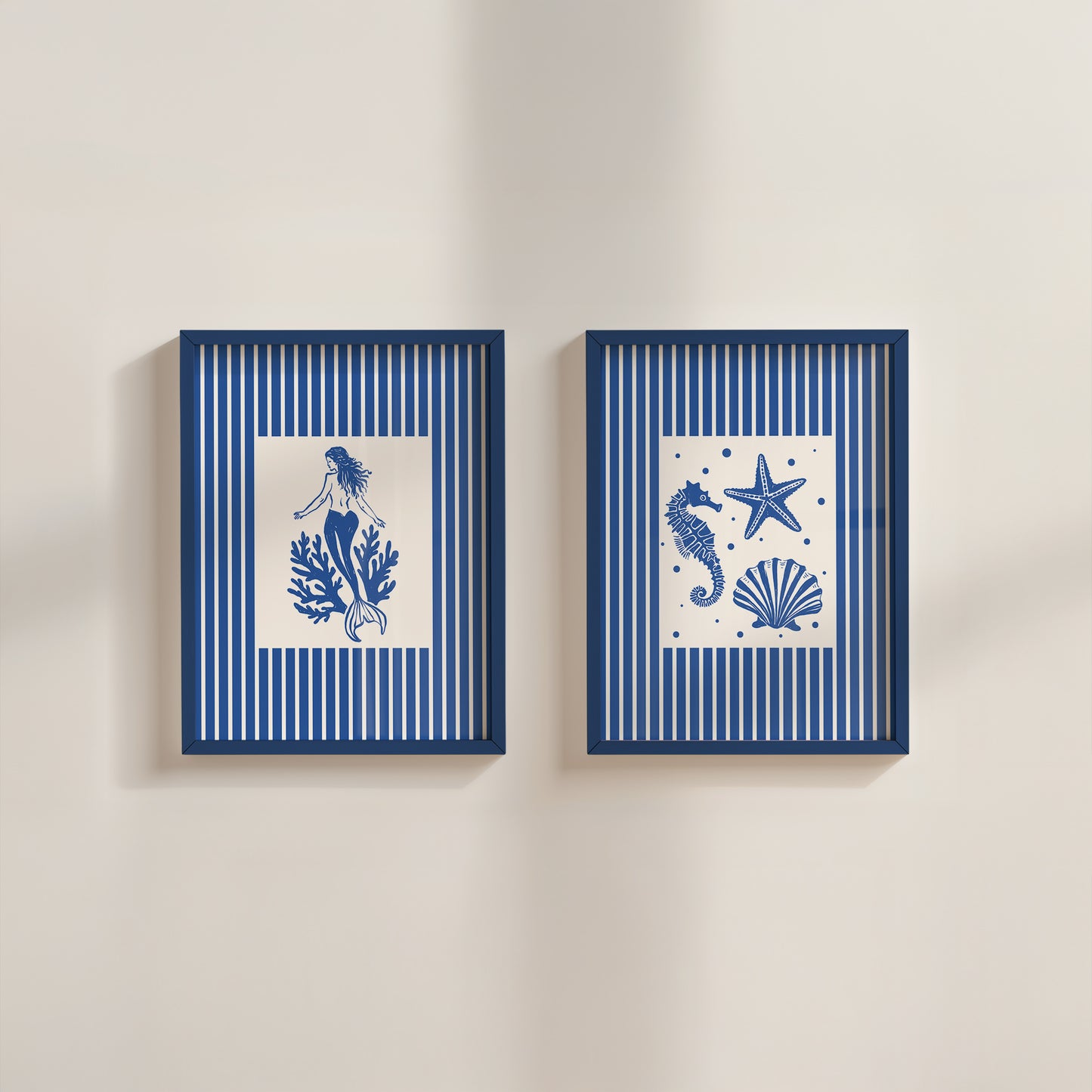 Mermaid & Seashells Coastal Blue Striped Set Of 2 - Digital Print