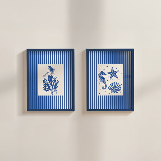 Mermaid & seashells coastal blue stripe set of 2 art prints — whimsical bedroom wall decor