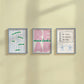 Set of 3 pastel classroom prints: "Teamwork makes the dream work" in green lettering on blue stripes, "READ more books" in pink bubble letters with green script, and "Be Kind Be Brave Be You" on a hand-drawn notebook page above two smiling star characters holding hands.