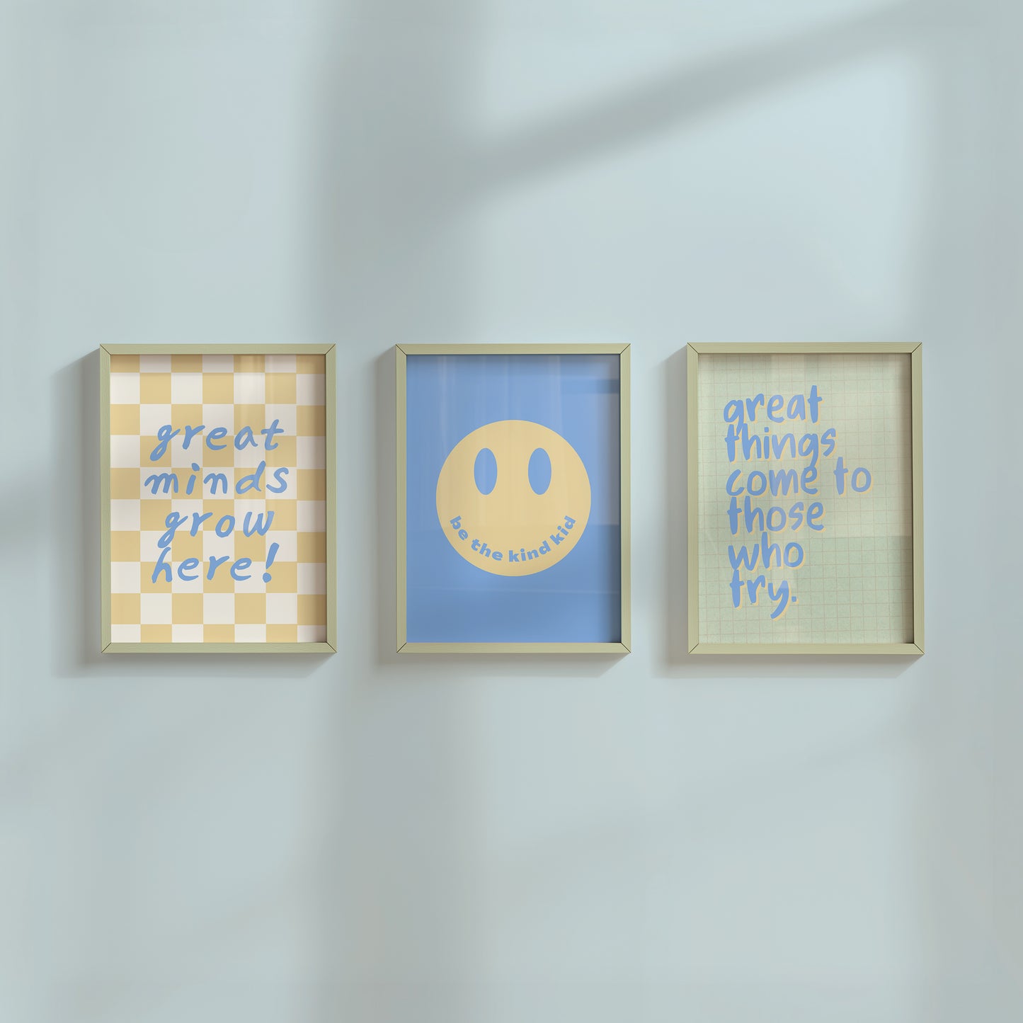 Set of 10 classroom prints in blue, green, and yellow: Yes You Can, Every Voice Matters Here, Slow Down You're Doing Fine, Progress Over Perfection, a starburst Welcome illustration, an Attendance Check print reading Show Up As You Are, Great Minds Grow Here on a checkered background, a smiley face reading Be the Kind Kid, Mistakes Help Us Learn, and Great Things Come to Those Who Try.