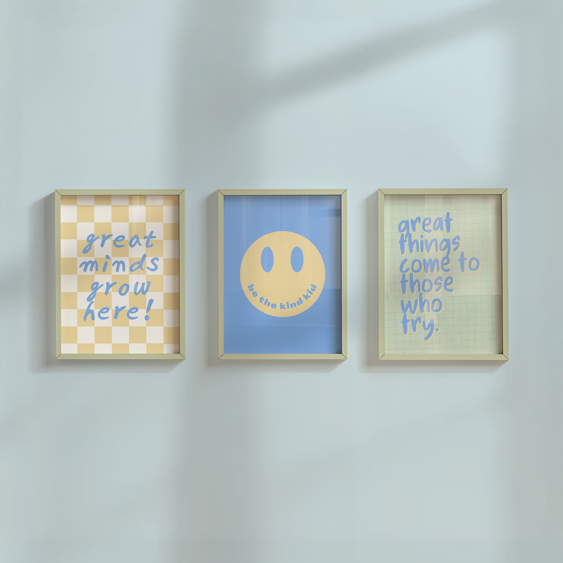 Set of 10 classroom prints in blue, green, and yellow: Yes You Can, Every Voice Matters Here, Slow Down You're Doing Fine, Progress Over Perfection, a starburst Welcome illustration, an Attendance Check print reading Show Up As You Are, Great Minds Grow Here on a checkered background, a smiley face reading Be the Kind Kid, Mistakes Help Us Learn, and Great Things Come to Those Who Try.