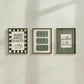 Set of 3 green bathroom prints: "Wash your hands ya filthy animal" in green cursive bordered by a green and cream checkered frame, three green ticket-stub illustrations reading "Splish Splash, Admit One," and "I See London I See France" in a scalloped stamp frame on green and cream stripes.