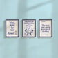 Set of 3 vertical navy and cream retro classroom prints with bold typography and character mascots including a trash can and walking book