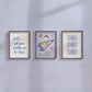 Set of 3 vertical preppy blue dorm room prints featuring a cursive stripe quote, a varsity pennant with stickers, and a retro good times ticket design