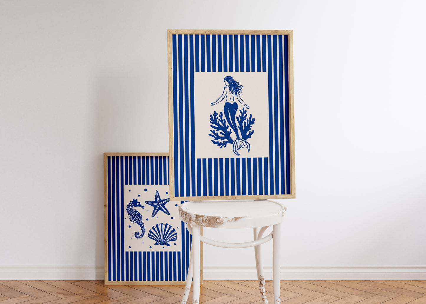 Mermaid & Seashells Coastal Blue Striped Set Of 2 - Digital Print