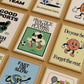 Set of 10 retro sports posters with smiling cartoon characters, including a soccer ball beside "Practice makes players," a basketball beside "Nobody scores alone," a tennis ball with racket beside "Effort never sits on the bench," a volleyball beside "Fast or slow, way to go," a football beside "Hustle with a smile," a foam finger beside "Good sports finish first," and high-fiving stars beside "We cheer for everyone here," in a vintage cream, green, and blue palette.