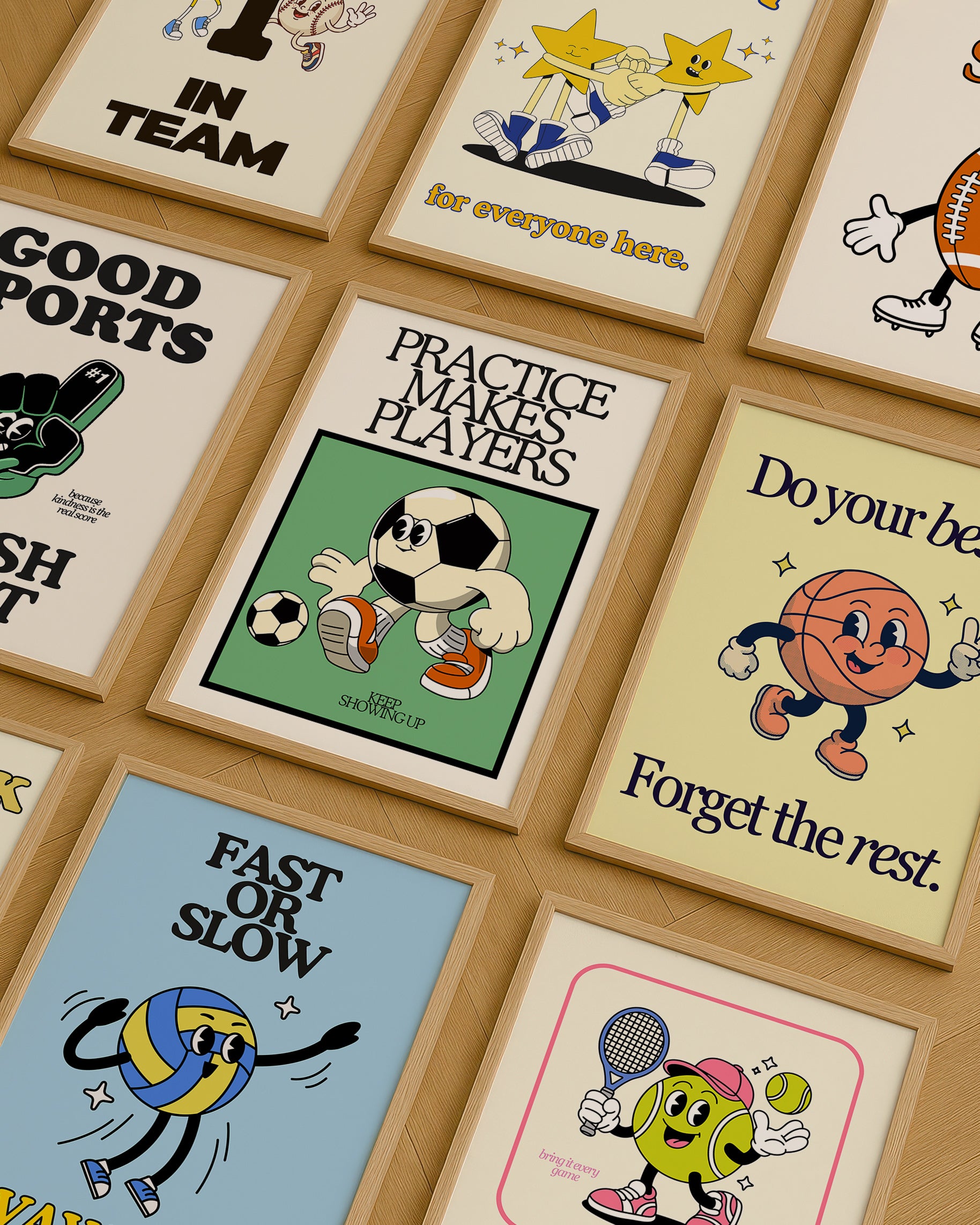Set of 10 retro sports posters with smiling cartoon characters, including a soccer ball beside "Practice makes players," a basketball beside "Nobody scores alone," a tennis ball with racket beside "Effort never sits on the bench," a volleyball beside "Fast or slow, way to go," a football beside "Hustle with a smile," a foam finger beside "Good sports finish first," and high-fiving stars beside "We cheer for everyone here," in a vintage cream, green, and blue palette.