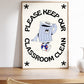 Vertical cream wall print with bold arched black typography reading Please Keep Our Classroom Clean surrounding a retro cartoon trash can character wearing sneakers with asterisk corner details