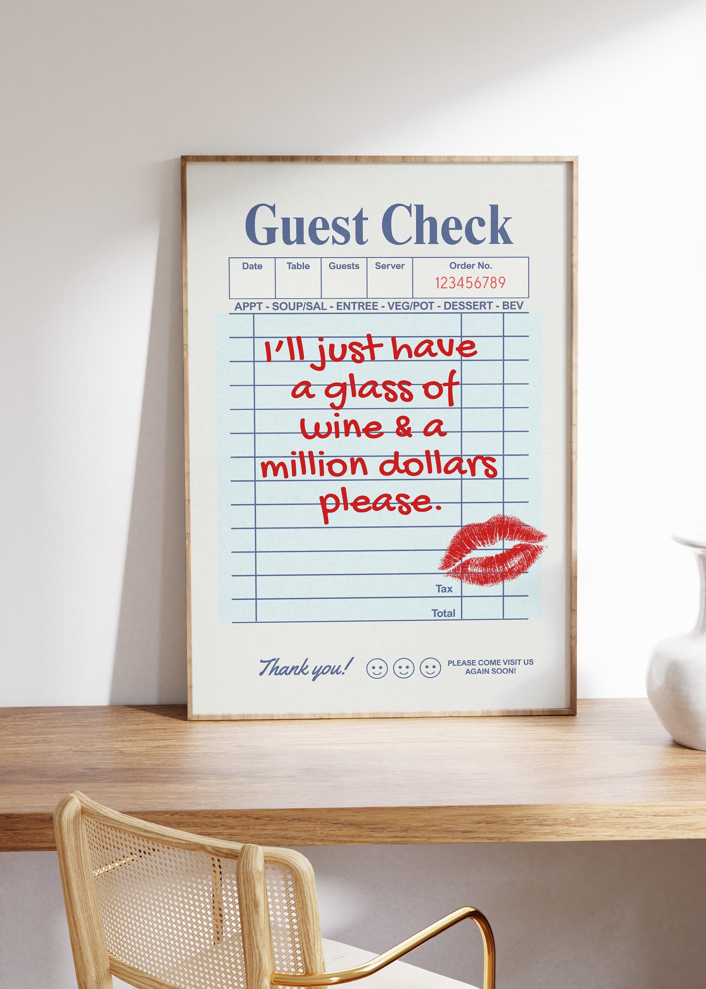 I'll Just Have A Glass Of Wine & A Million Dollars Please | Retro Guest Check Poster - Digital Print