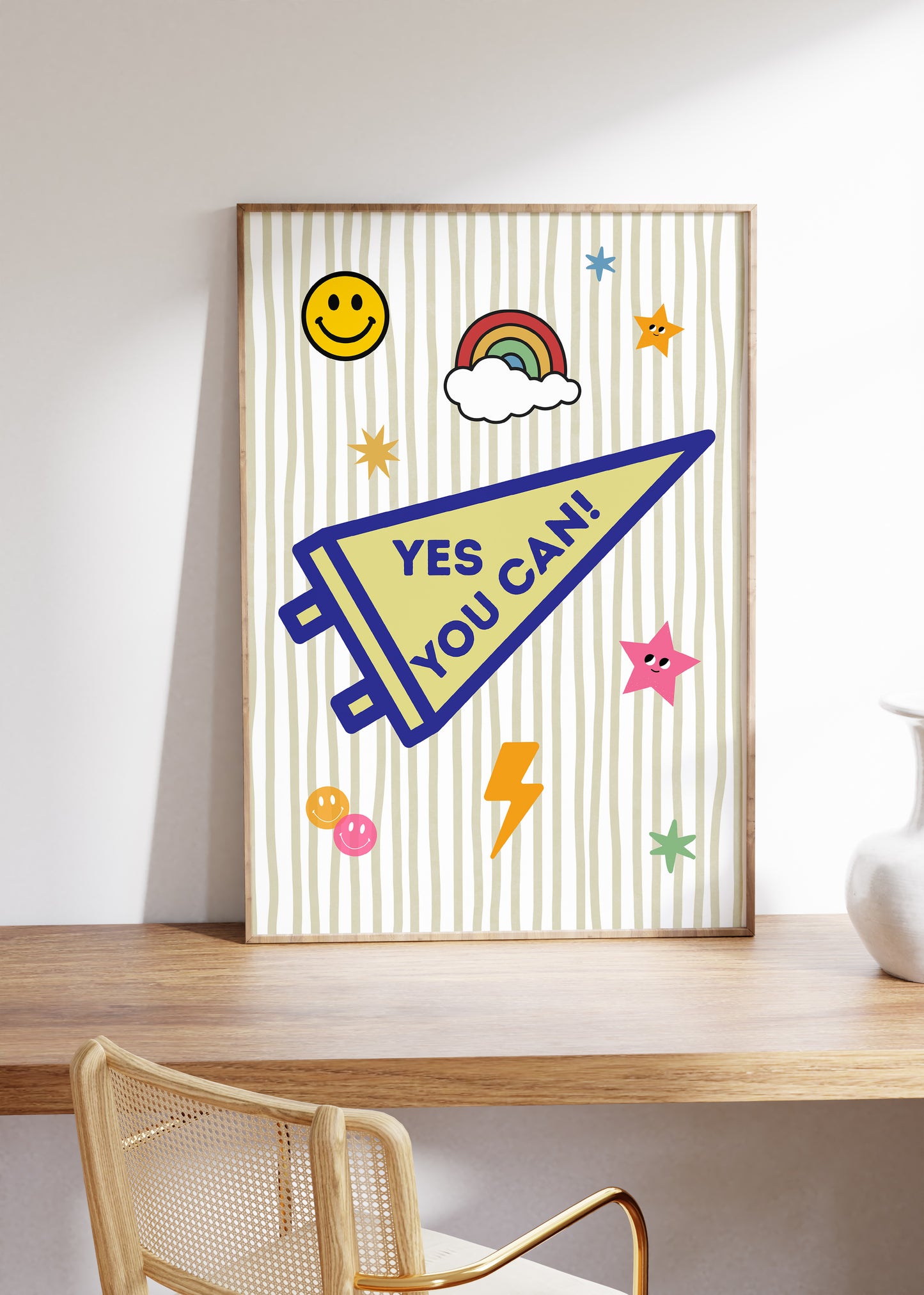 Yes You Can pennant art print on desk with rattan chair — whimsical motivational classroom bedroom decor