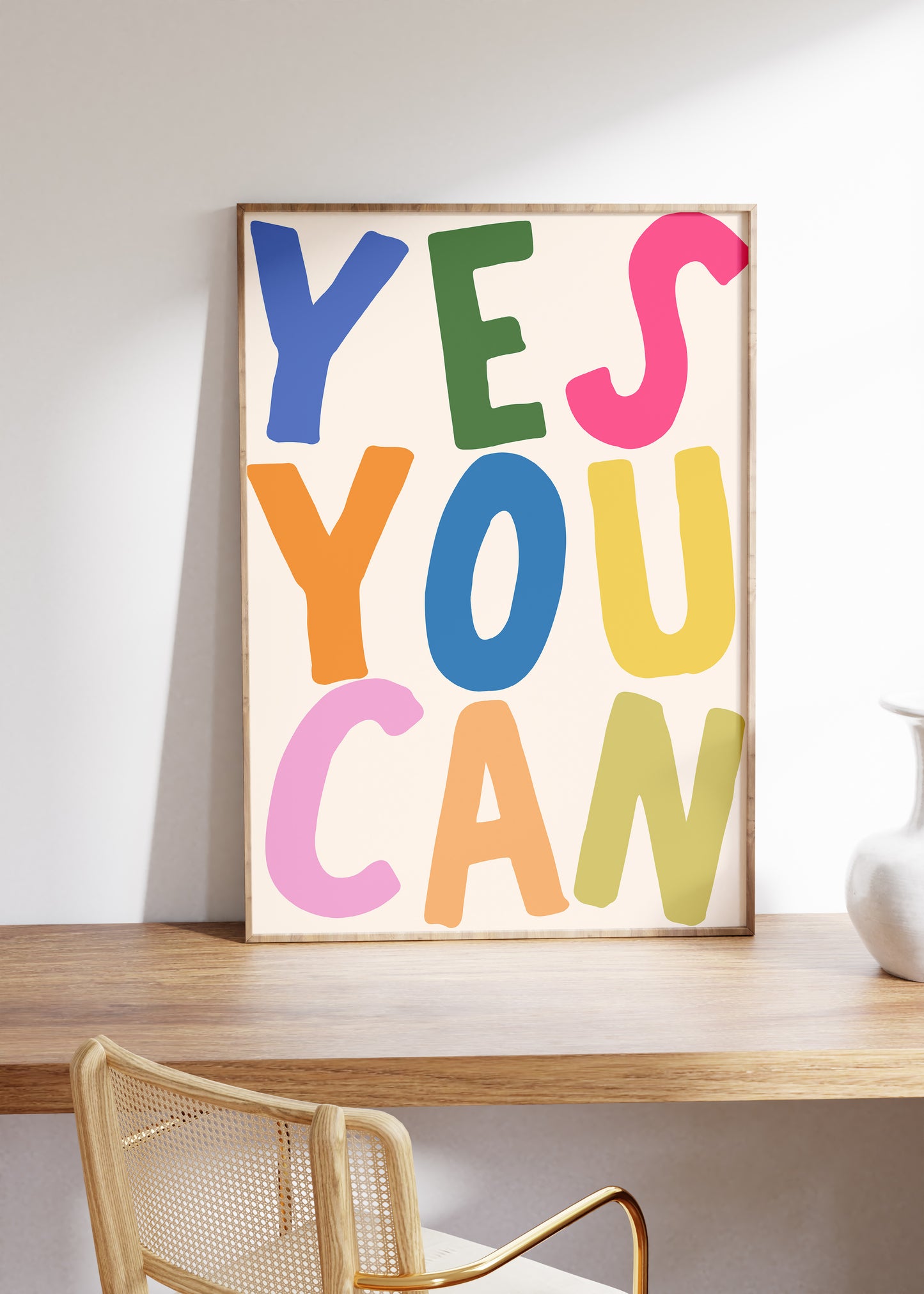 Vertical print with the words "YES YOU CAN" in large multicolored bubble letters — blue, green, pink, orange, yellow, and olive — on a white background.